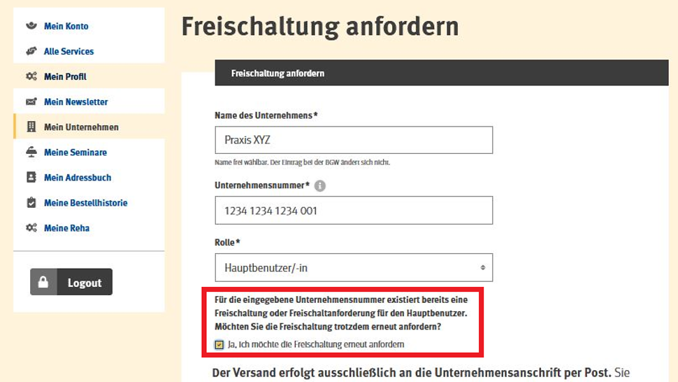Screenshot Mein Unternehmen