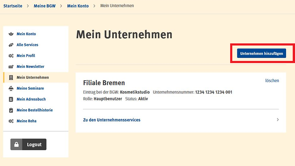 Screenshot Mein Unternehmen