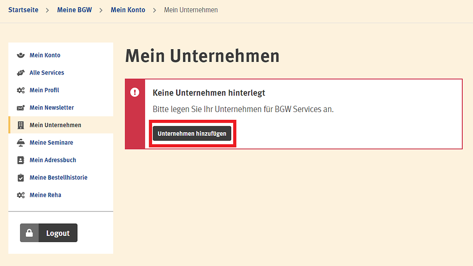 Screenshot Mein Unternehmen
