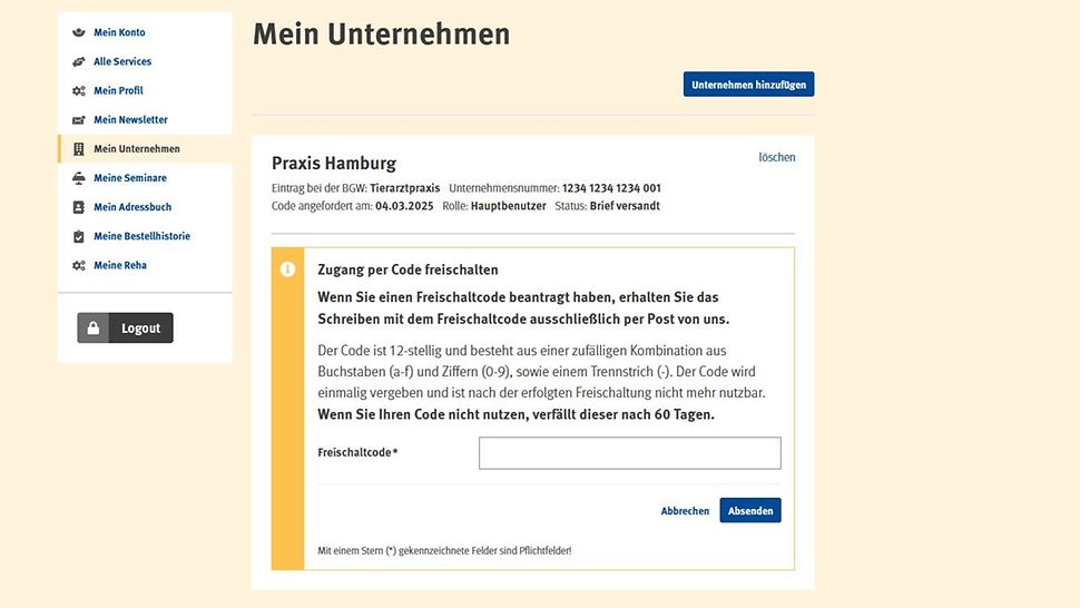 Screenshot Mein Unternehmen