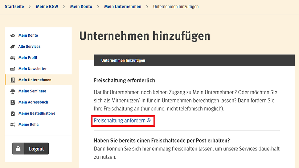 Screenshot Mein Unternehmen