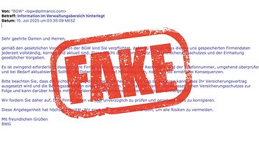 Screenshot einer betrügerische E-Mail, die im Namen der BGW versandt wurde, darüber in roter Schrift "Fake"