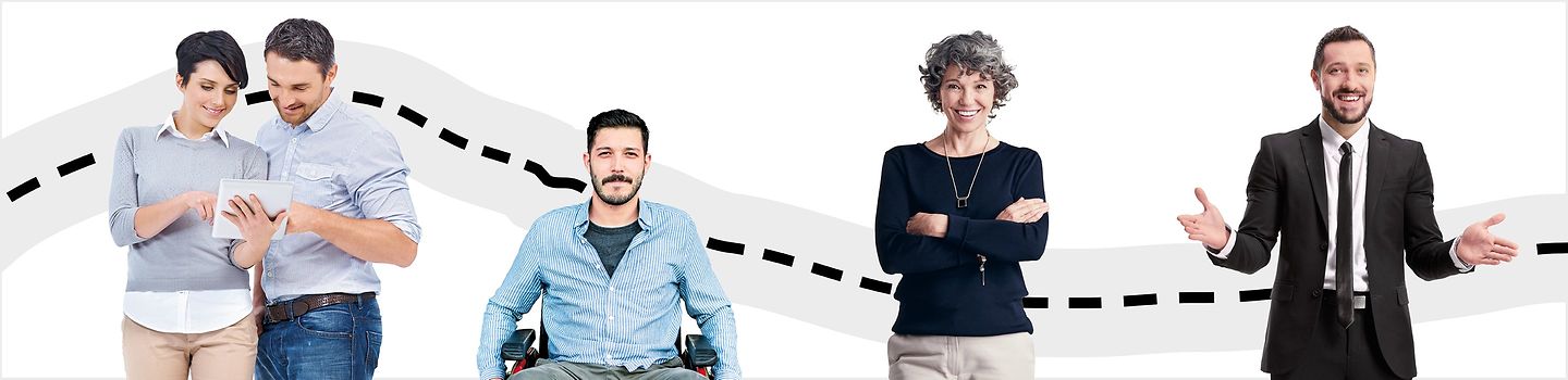 Personen verschiedenen Alters vor der Ilustration einer Straße mit Mittelstreifen