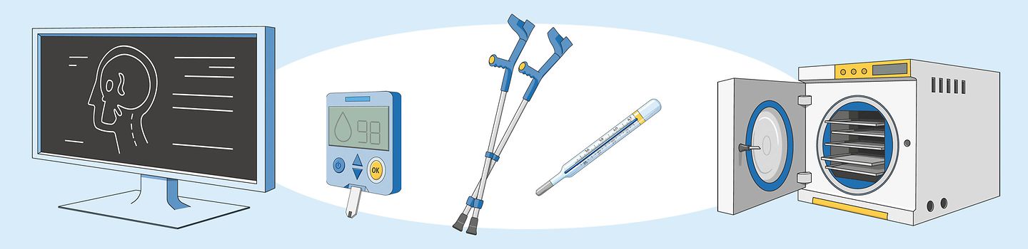 Illustrationen diverser Medizinprodukte Illustrationen: Befundmonitor, Fieberthermometer, Unterarmstützen, Blutzuckermessgerät, Dampfsterilisator