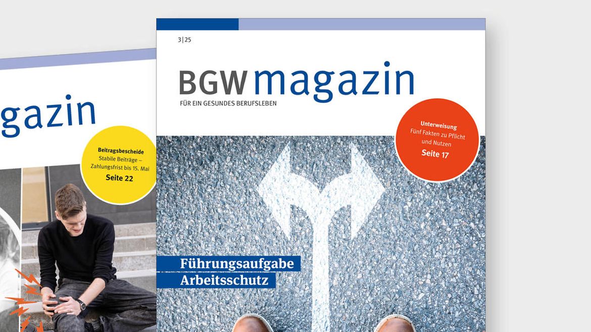 BGW magazin - Collage aus den drei neuesten Ausgaben. Aufgefächert mit Schriftzug BGW magazin.