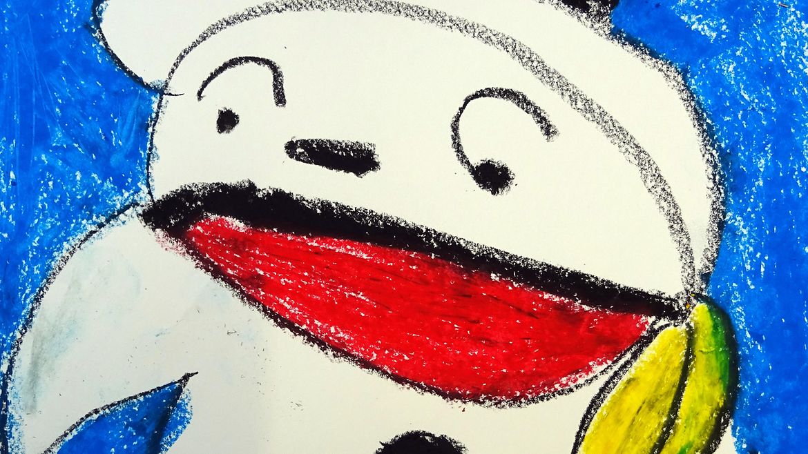 Ein Schneemann auf blauem Grund, gemalt mit Wachsmalstiften auf Papier