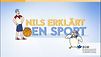 Startansicht des Films "Nils erklärt den Sport": Nils mit Basketball, Schriftzug, Huhn mit Helm