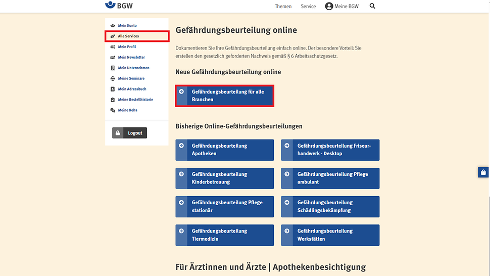 Inhalte des Navigationspunktes "Alle Services"