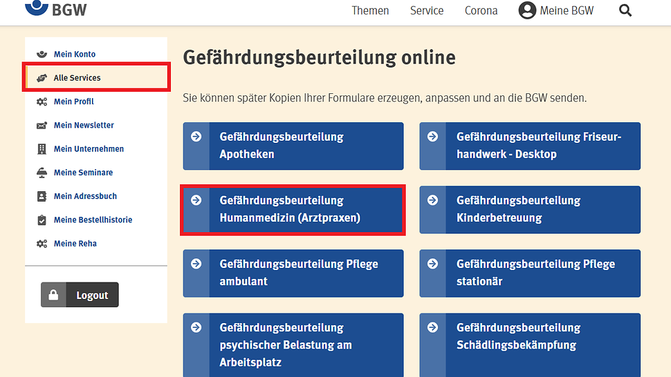 Inhalte des Navigationspubnktes "Alle Services"