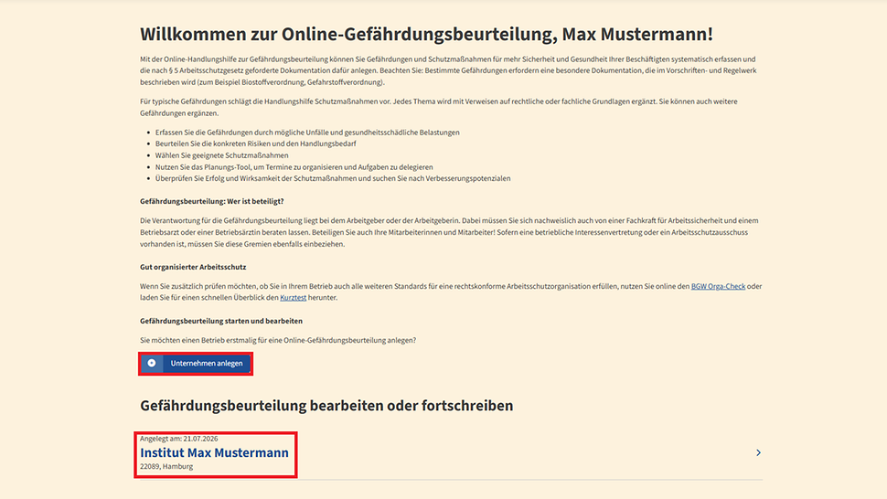 Startseite der Online-Gefährdungsbeurteilung