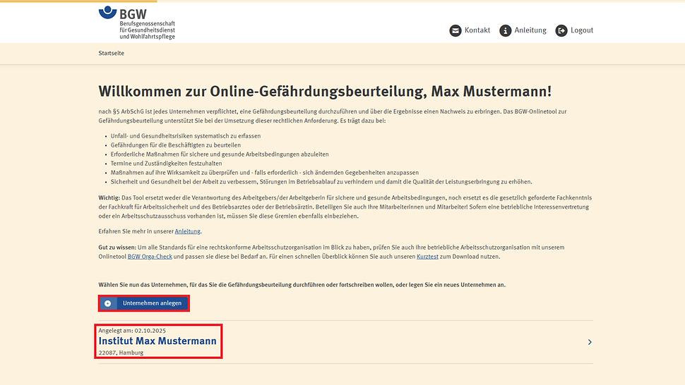 Startseite der Online-Gefährdungsbeurteilung