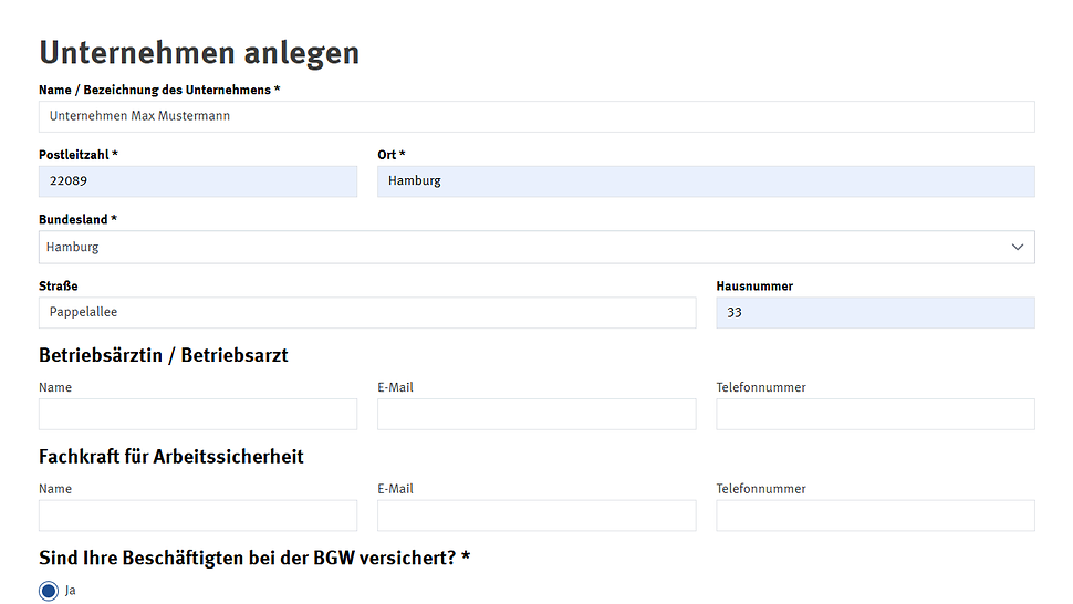 Screenshot der Seite "Unternehmen anblegen"