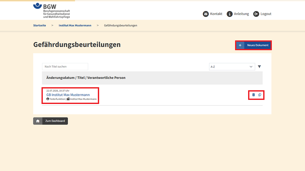 Screenshot der Seite "Gefährdungen auswählen"