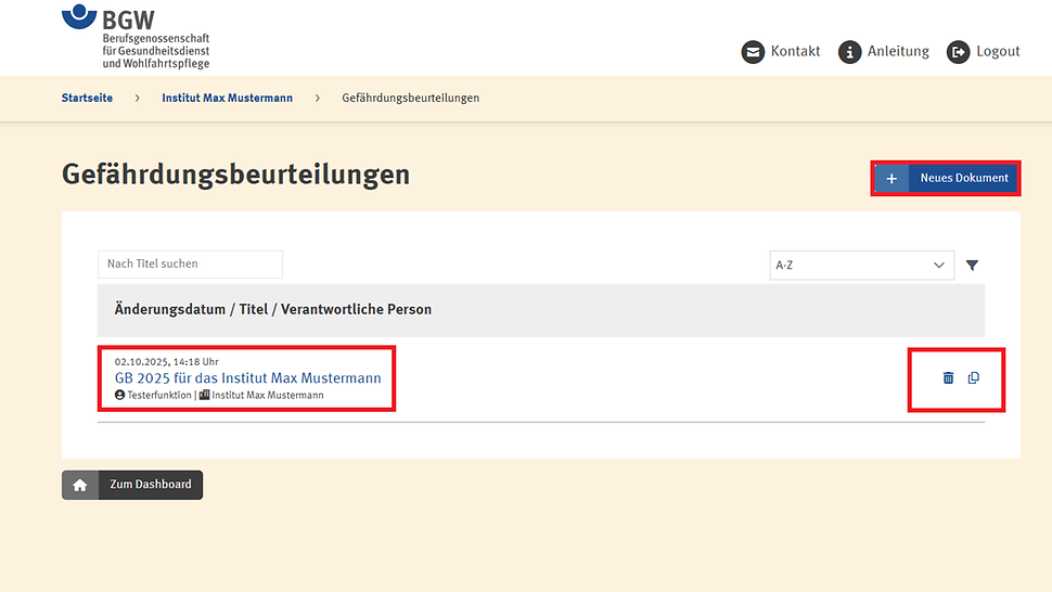 Screenshot der Seite "Gefährdungen auswählen"
