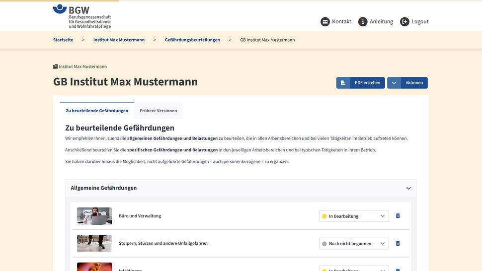 Screenshot Gefährdungen auswählen