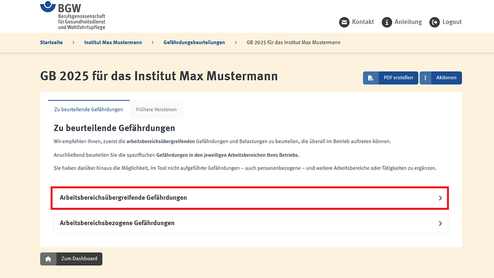 Screenshot der Übersichtsseite mit allen Gefährdungen