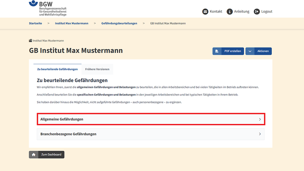 Screenshot der Übersichtsseite mit allen Gefährdungen