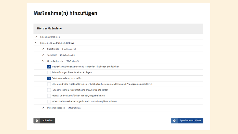 Screenshot Maßnahmen hinzufügen
