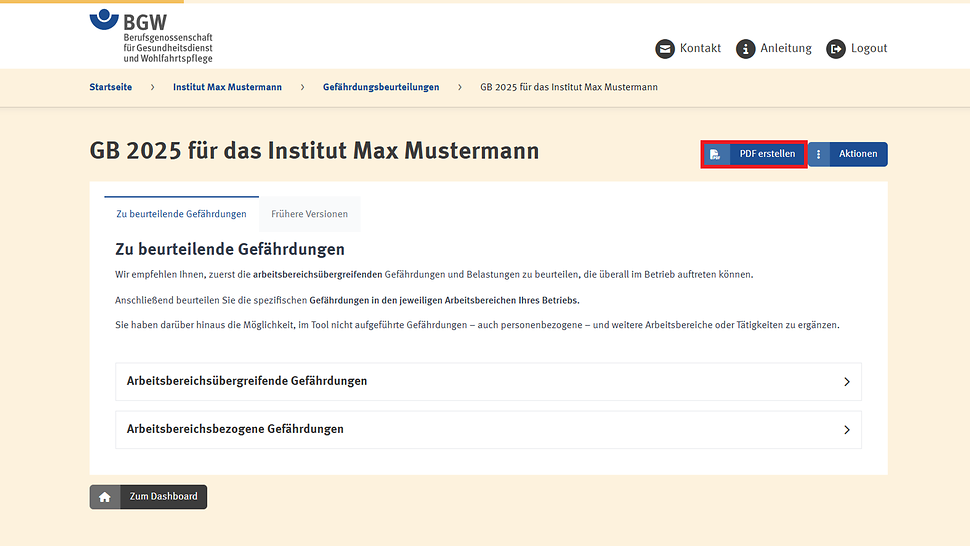 Screenshot Übersichtsseite Gefährdungsbeurteilung
