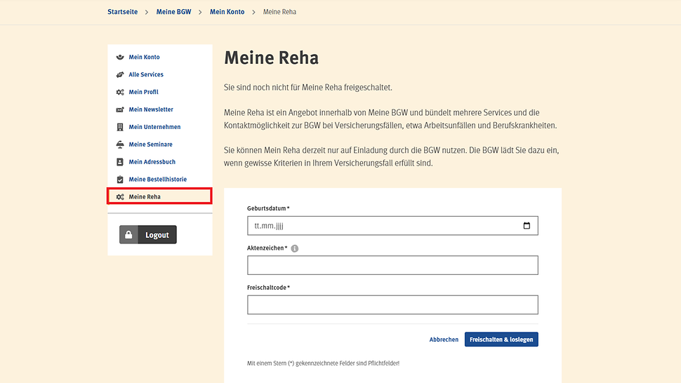 Screenshot Formular "Meine Reha" freischalten