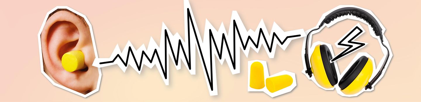 Collage: Nahaufnahme eines Ohres, aus dem ein gelber Ohrstöpsel ragt, spitz zulaufende Schallwelle, gelbe Ohrstöpsel, Over-Ear-Kopfhörer, darüber ein Blitz