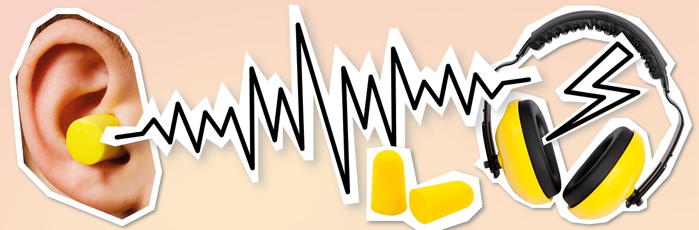 Collage: Nahaufnahme eines Ohres, aus dem ein gelber Ohrstöpsel ragt, spitz zulaufende Schallwelle, gelbe Ohrstöpsel, Over-Ear-Kopfhörer, darüber ein Blitz