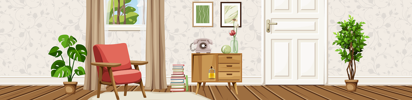 Online-Escape Game - BGW Lernportal Illustriertes Zimmer mit einem Sessel vor einem Fenster und einem Schrank mit einem Telefon drauf.