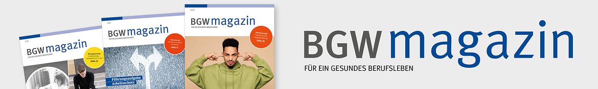 BGW magazin - Collage aus den drei neuesten Ausgaben. Aufgefächert mit Schriftzug BGW magazin.