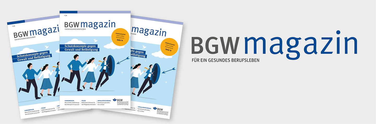 Drei nebeneinander aufgefächerte BGW magazine, Ausgabe 4/2025, rechts davon Schriftzug BGW magazin