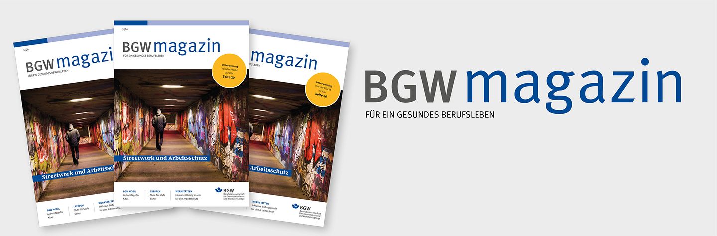 Drei nebeneinander aufgefächerte BGW magazine, Ausgabe 2/2026, rechts davon Schriftzug BGW magazin