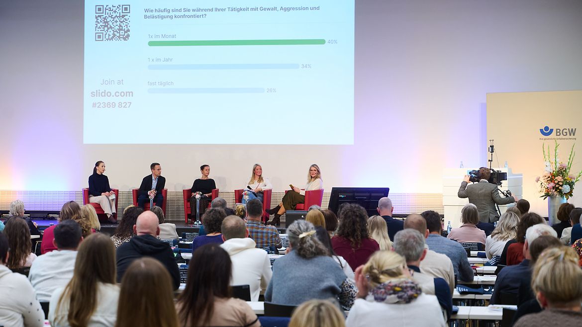 Blick aus dem Publikum auf eine Bühne, auf der vier Frauen und ein Mann auf Stühlen sitzen und dikutieren.