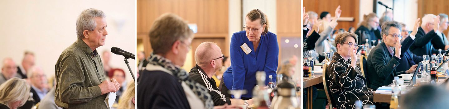 Bildmontage: Eine männliche Person an einem Mikrophon, Personen im Gespräch, Personen, die die Hände zur Abstimmung heben