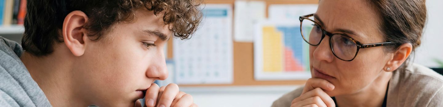 Ein Jugendlicher sitzt mit gesenktem Kopf einer Frau mit brille gegenüber, die ihn ansieht.
