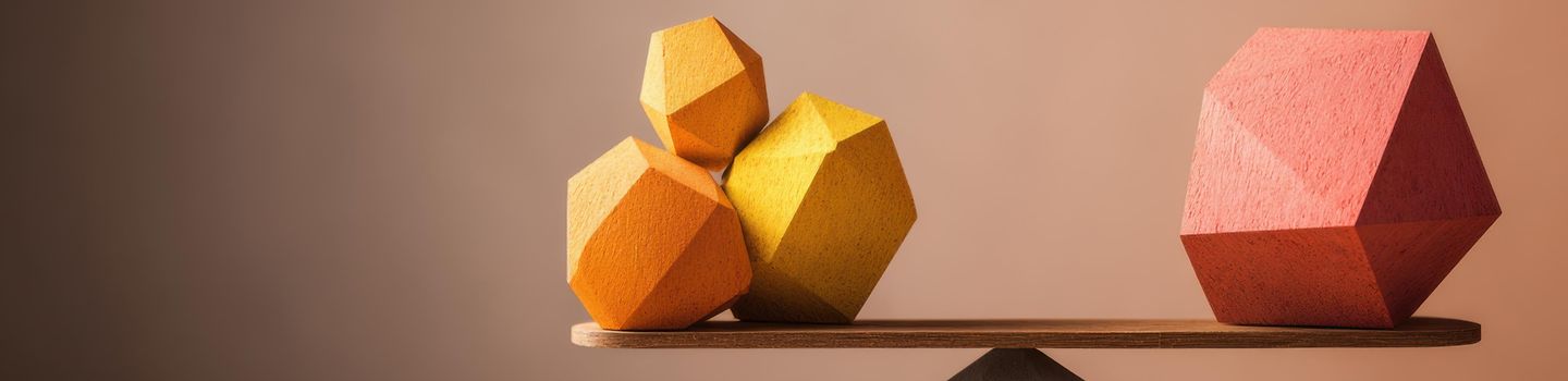 Waage, auf denen verschiedene Gewichte liegen. Die Waage ist ausbalanciert.