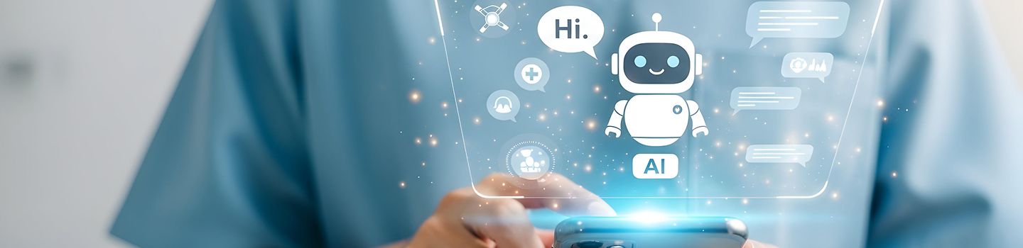 Person in medizinischer Berufskleidung hält einen Finger auf ein Smartphonedisplay, darüber schwebt ein Chatbot-Roboter. Rundherum angeordnet sind medizinische Symbole und Instant-Messanger-Nachrichten.