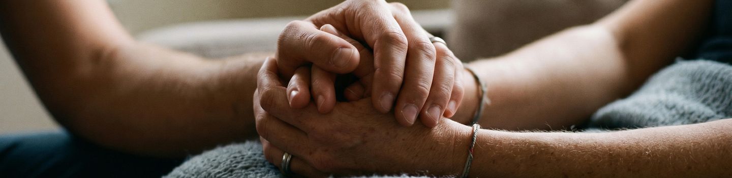 Zwei Arme mit verschränkten Händen, ein weiterer Arm, dessen Hand über die beiden Hände gelegt ist.