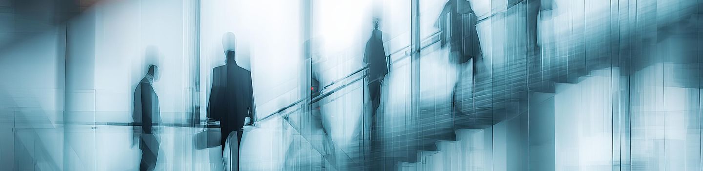 Breite Treppe vor mehrstöckiger Glasfront in einem offenen Bereich eines großen Gebäudes. Treppe und Menschen sind nur schemenhaft zu erkennen. Moochromes und mit künstlich generierter Verwacklungsunschärfe stilisiertes Bild