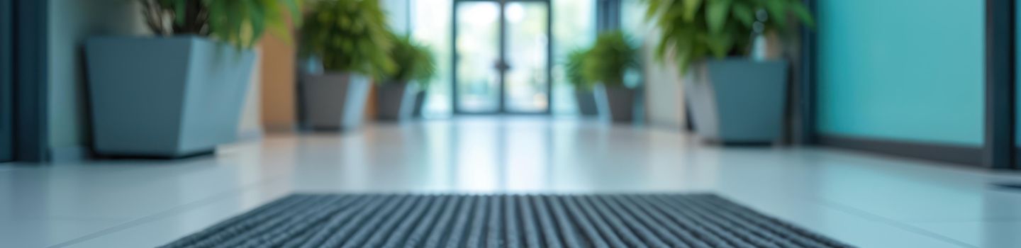 EIn breiter Gang in einem Gebäude führt auf eine Glaswand mit Glastür nach außen. Die Seiten des Korridors sind gesäumt von großen eckigen grauen Pflanzkübeln mit grünen Sträuchern. Die Szenerie verschwimmt in Unschärfe. Im Vordergrund scharf eine lange Text-Sauberlaufmatte.