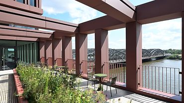 Terrasse des PREVIER mit Blicka uf die Elbbrücken.