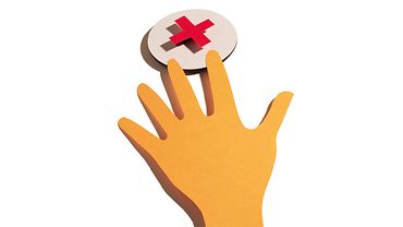 Illustration: Hand, deren Finger zu einem Kreis mit roter Kreuzmarkierung streben.