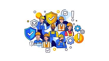 Vektorillustration mit verschiedenen Arbeiterinnen, welche Schutzhelme in der Nähe von Schutzschil-dern tragen und die Botschaft der Unfallprävention am Arbeitsplatz und eines sicheren Arbeitsumfelds vermitteln.