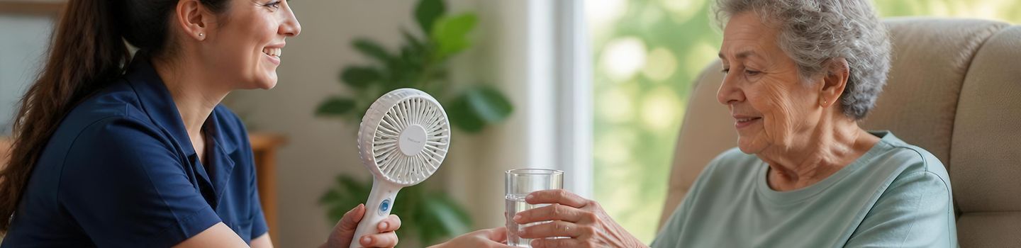Eine Pflegekraft reicht einer alten Dame Wasser. In der Hand hält sie einen Ventilator.