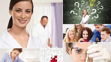 Ausbildung Foto-Collage Auszubildende: schreibend, mit Reagenzglas und Schutzbrille, vor einer Tafel und in der Gruppe.