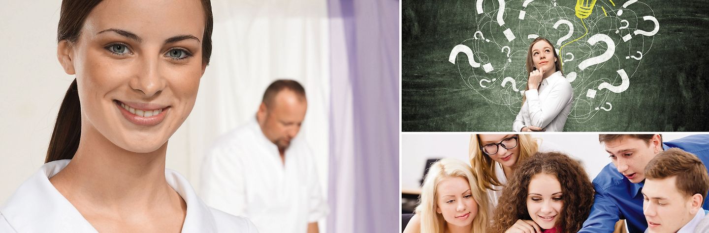 Ausbildung Foto-Collage Auszubildende: schreibend, mit Reagenzglas und Schutzbrille, vor einer Tafel und in der Gruppe.