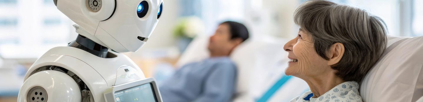 Ein Pflegeroboter am Bett einer älteren Patientin. An seiner Brust ist ein Bildschirm befestigt. Die Patientin lächelt ihn an.