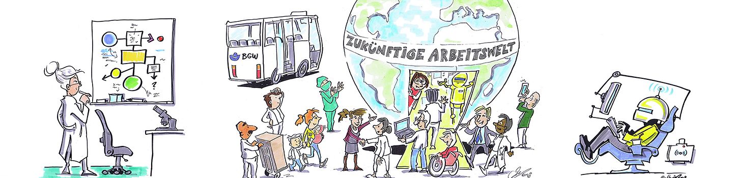 Schwerpunktprogramm Illustrationen: Wissenschaftlerin, BGW-Bus, unterschiedliche Menschen vor einer Weltkugel mit Aufschrift "Zukünftige Arbeitswelt" und eine Person in einem Simulations-Cockpit.