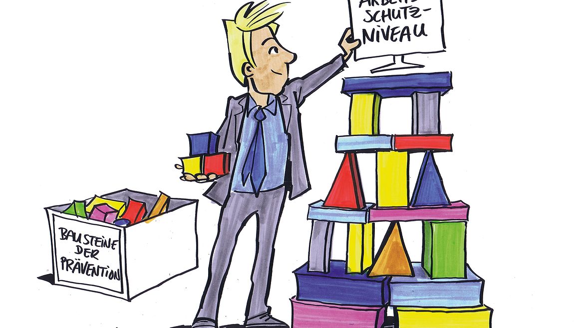 Ziel 1 Prävention Illustration: Mann stapelt Bausteine übereinander und platziert darauf ein Schild mit der Aufschrift "Arbeitsschutz-Niveau".