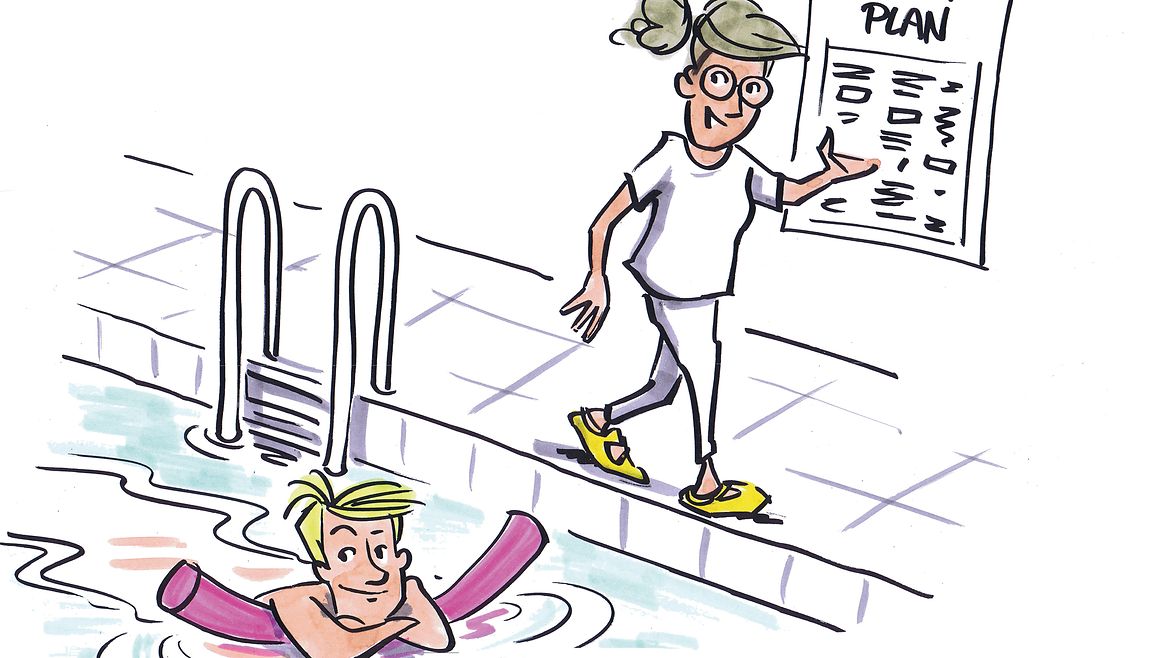 Ziel 2 Rehabilitation Illustration: Szene im Schwimmbad. Eine Person im Becken, eine Person steht am Rand.