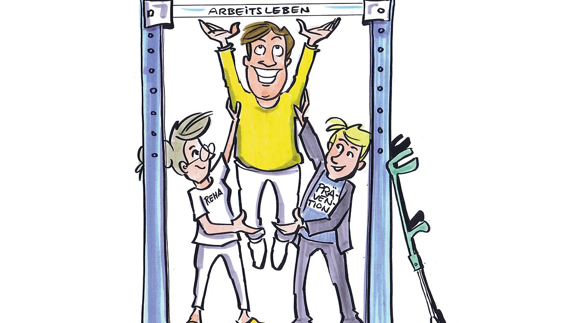 Ziel 3 Prävention und Rehabilitation Illustration: Zwei Helfer helfen einem Mann an eine Reckstange.