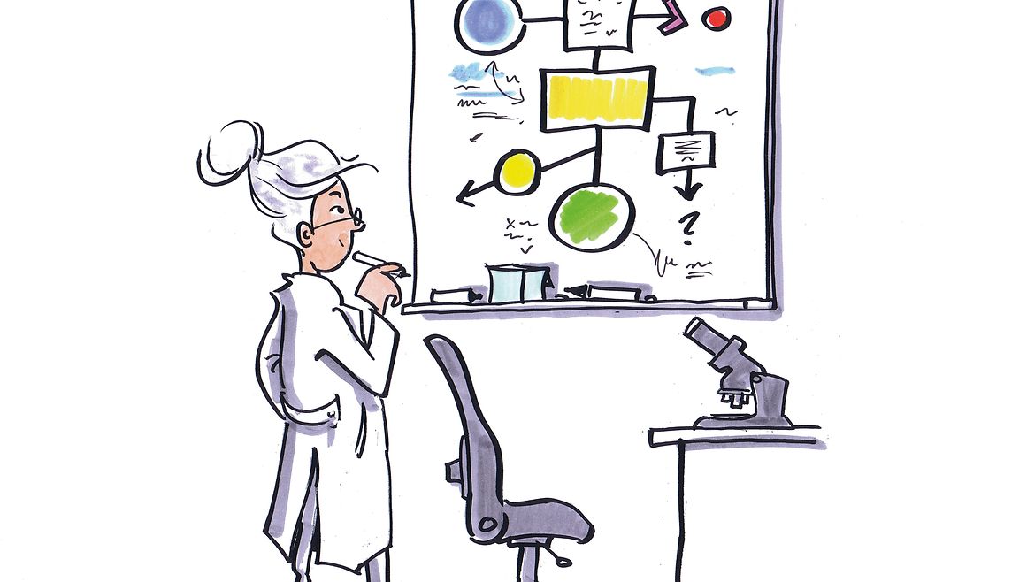 Illustration: Eine Wissenschaftlerin schaut auf ein Diagramm.